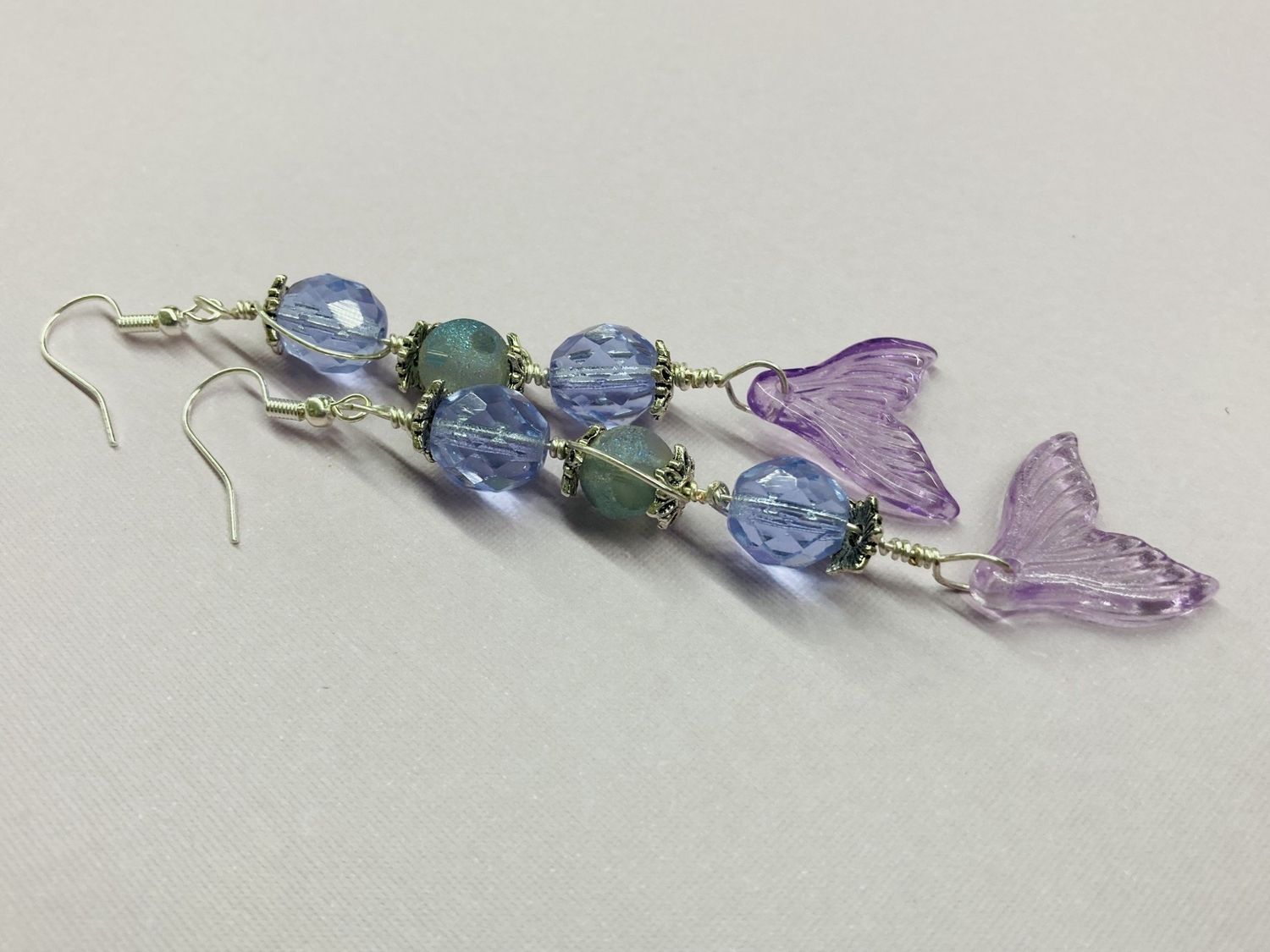 E011 Lavender Mermaid Tails with Silver and Lavender Crystal Earrings