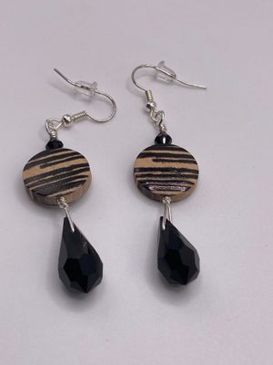 Black and Tan Wood Coin with Black Crystal Earrings