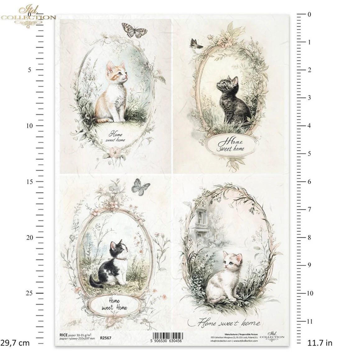 A4 Rustic Vintage Kitten Quad Rice Paper