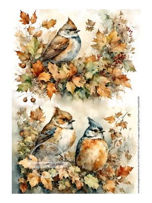 A4 Autumn Bird Wreath Duo Rice Paper