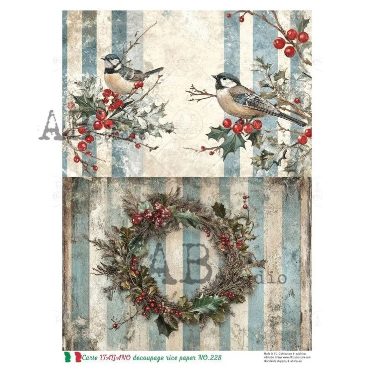 A4 Rustic Christmas Bird &amp; Wreath Duo Rice paper