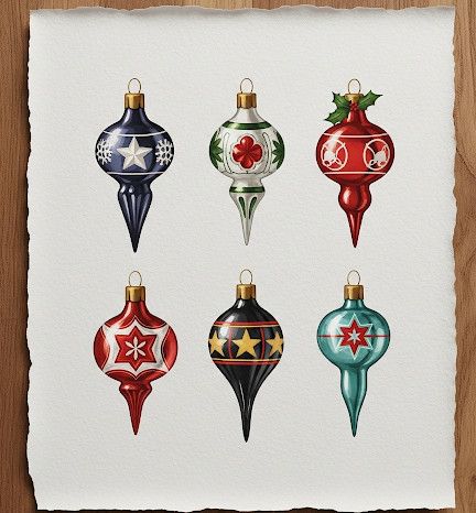 A4 FFF  6 Vintage Christmas Bulbs Rice paper