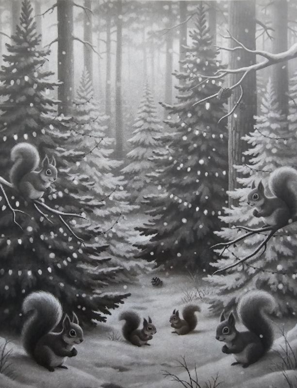 A4 FFF Black And White Trees With Squirrels Decoupage Rice Paper