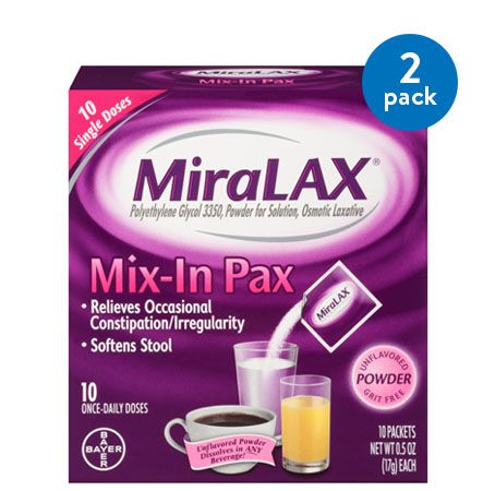 MiraLAX Mix-in Pax, 10 Pks, Laxative Powder, Polyethylene Glycol 3350 (PEG 3350) - 0.5 Oz