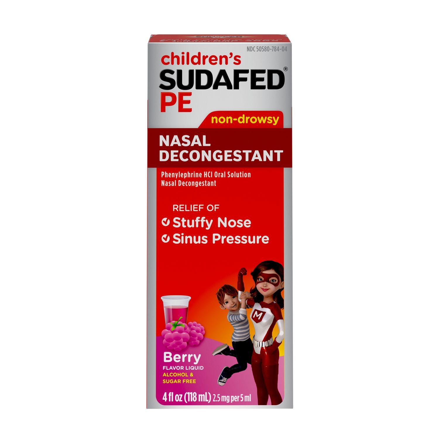 Children S Sudafed PE Nasal Decongestant  Liquid Cold Relief Medicine with Phenylephrine HCl  Alcohol Free and Sugar-Free  Berry-Flavored  4 Fl. Oz