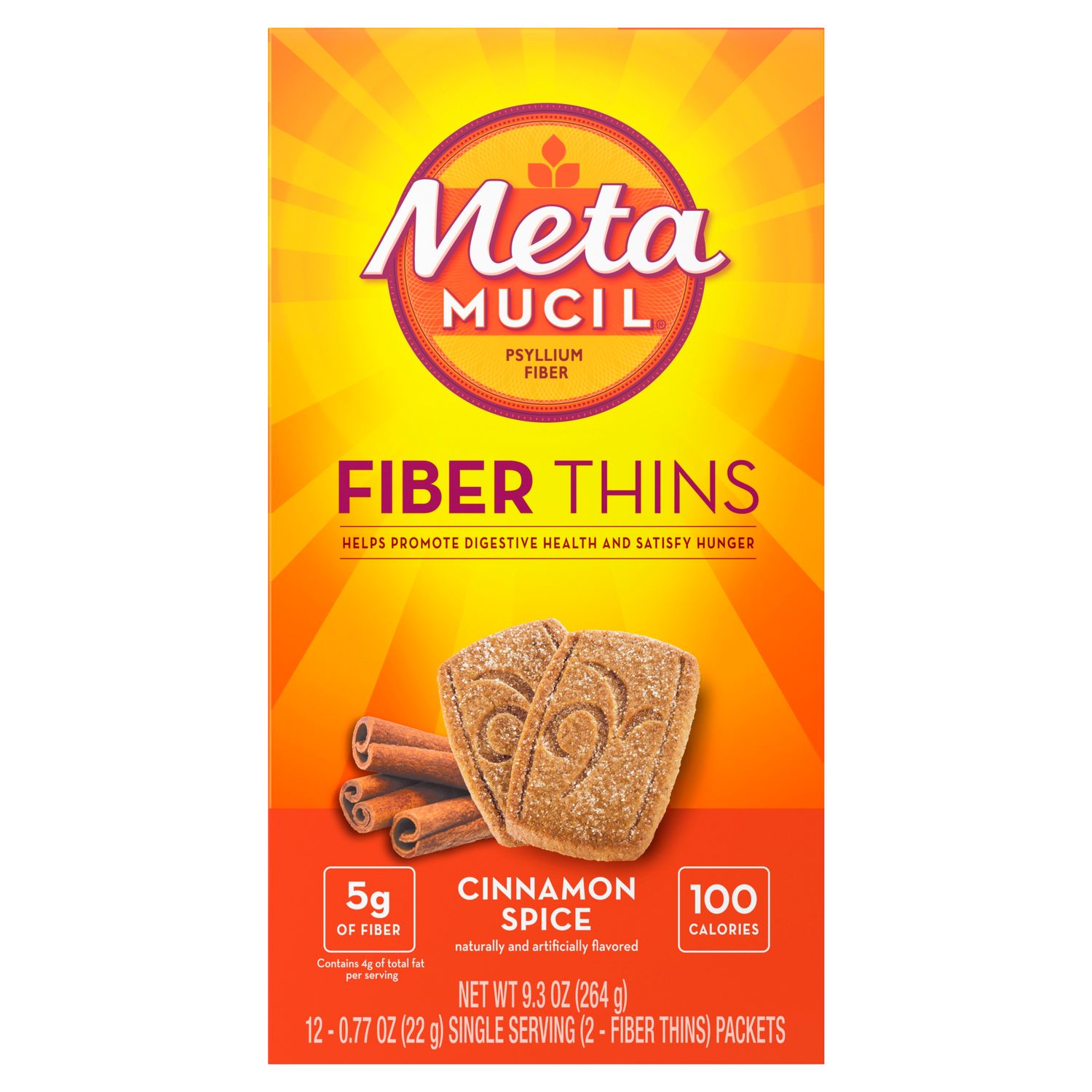 Metamucil Fiber Thins, Psyllium Husk Supplement, Digestive Health Support Cinnamon Spice - 0.77 Oz X 12 Pack
