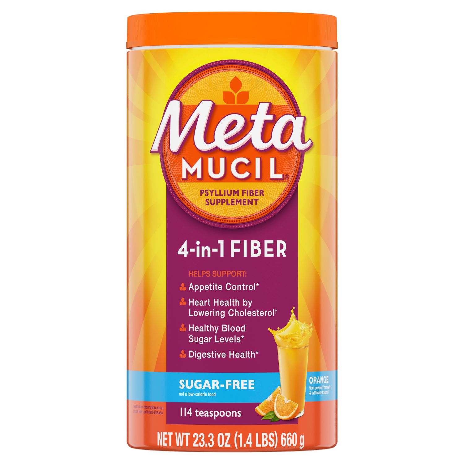 Metamucil Psyllium Sugar-Free Fiber Supplement Powder  Orange 114 Tsp