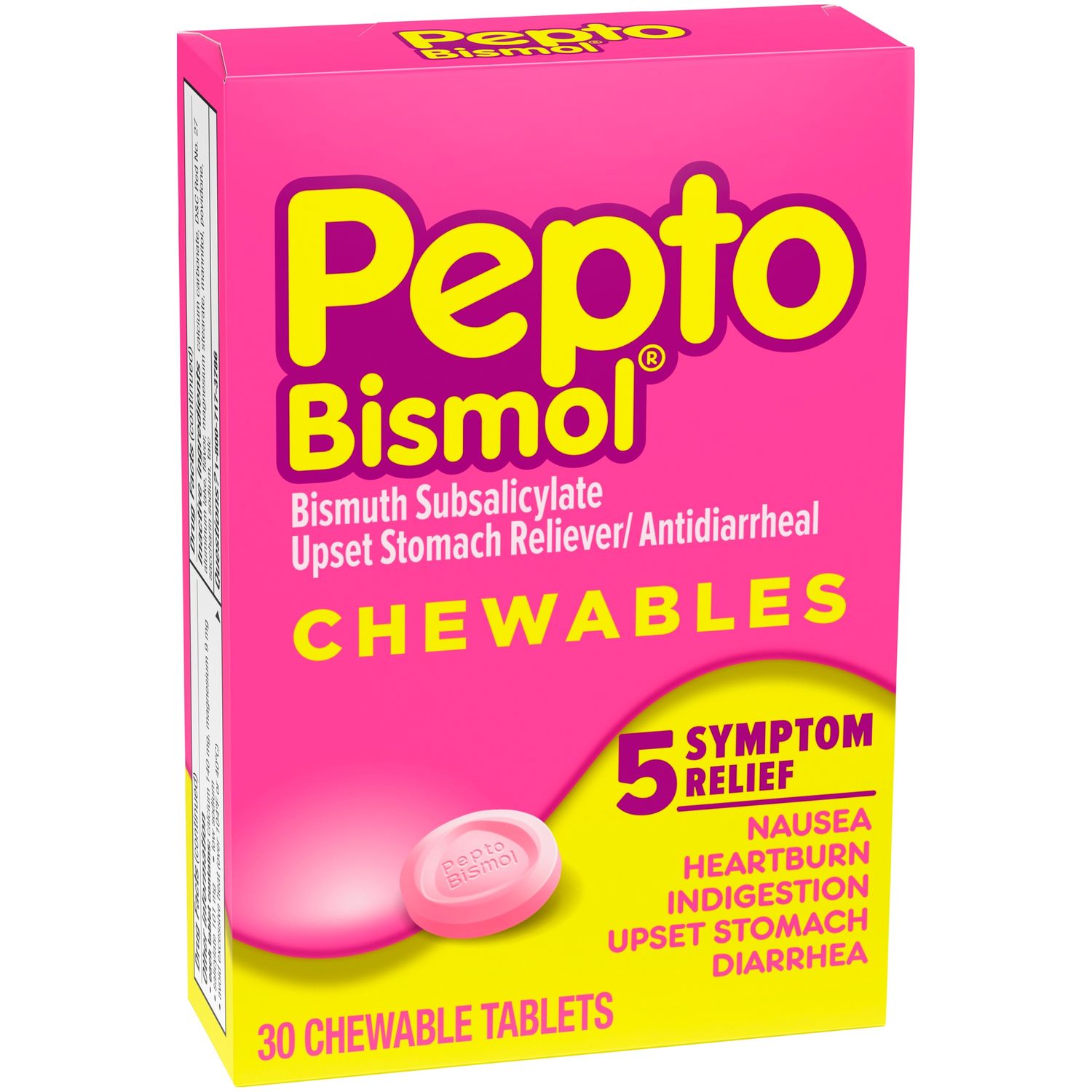 Pepto Bismol Chewable Tablets for Nausea  Heartburn  Indigestion  Upset Stomach  and Diarrhea - 5 Symptom Fast Relief  Original Flavor 30 Ct
