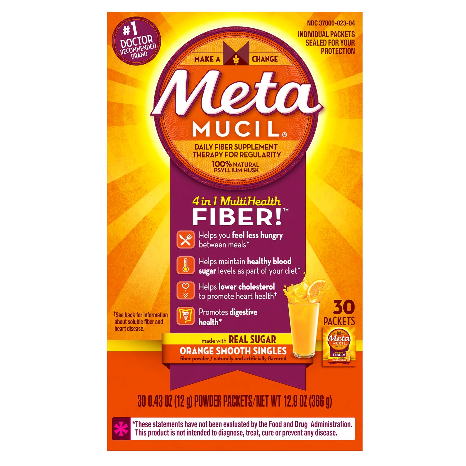 Metamucil on-the-Go  Psyllium Husk Fiber Supplement  4-in-1 Fiber with Real Sugar  Orange Flavor  30 Packets