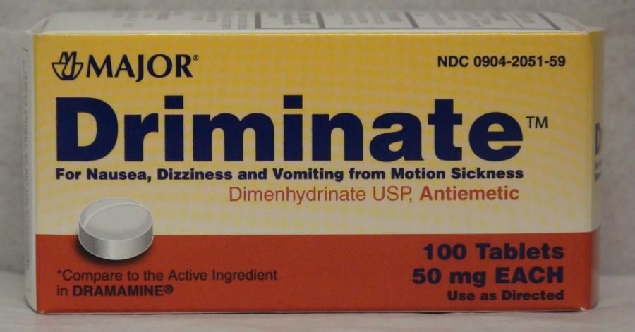 Major Driminate USP Generic for Dramamine Motion Sickness & Anti Nausea Tablets  50 Mg  100 Count
