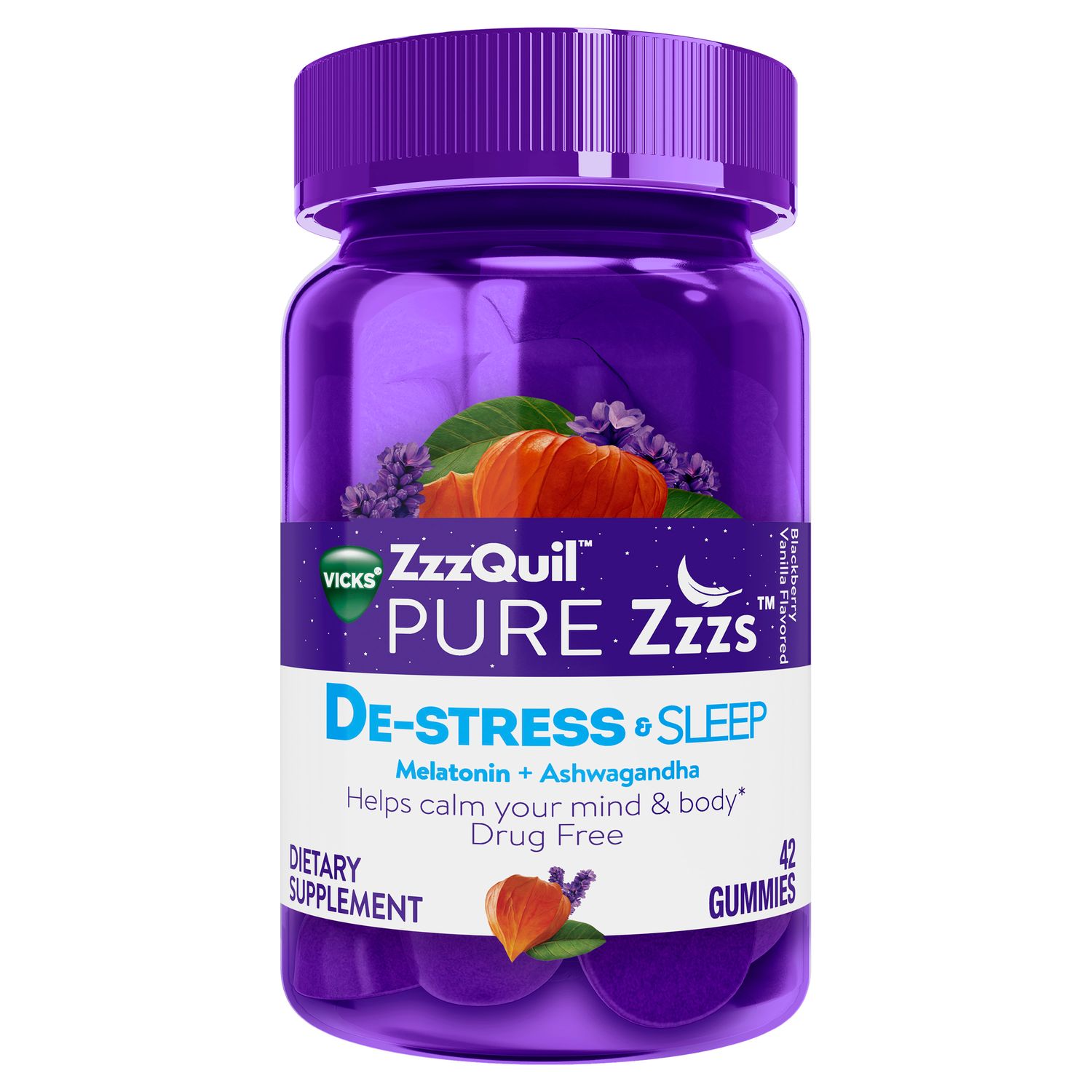 Vicks Zzzquil Pure Zzzs De-Stress Melatonin Sleep Gummies  1mg  42 Ct