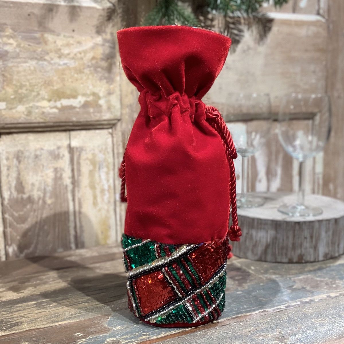 Red Plaid Sequin Velvet Wine Bag
