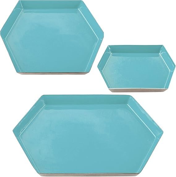 HEXAGON ENAMEL TRAY SET OF 3  TEAL (F20)