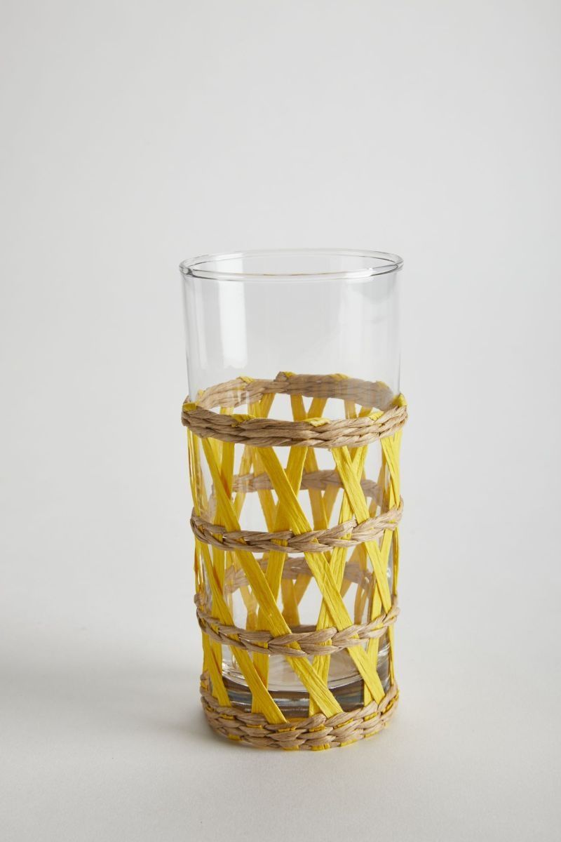 Beverage Glass- Tall Wicker Wrap Tall Yellow
