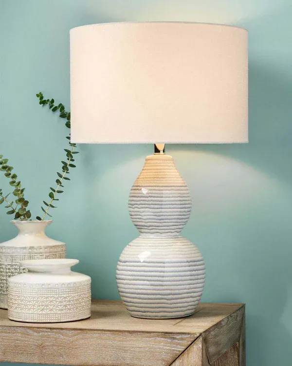 Catalina Wave Table Lamp in White &amp; Blue Patterned Ceramic w/ Drum Shade in Cream Linen