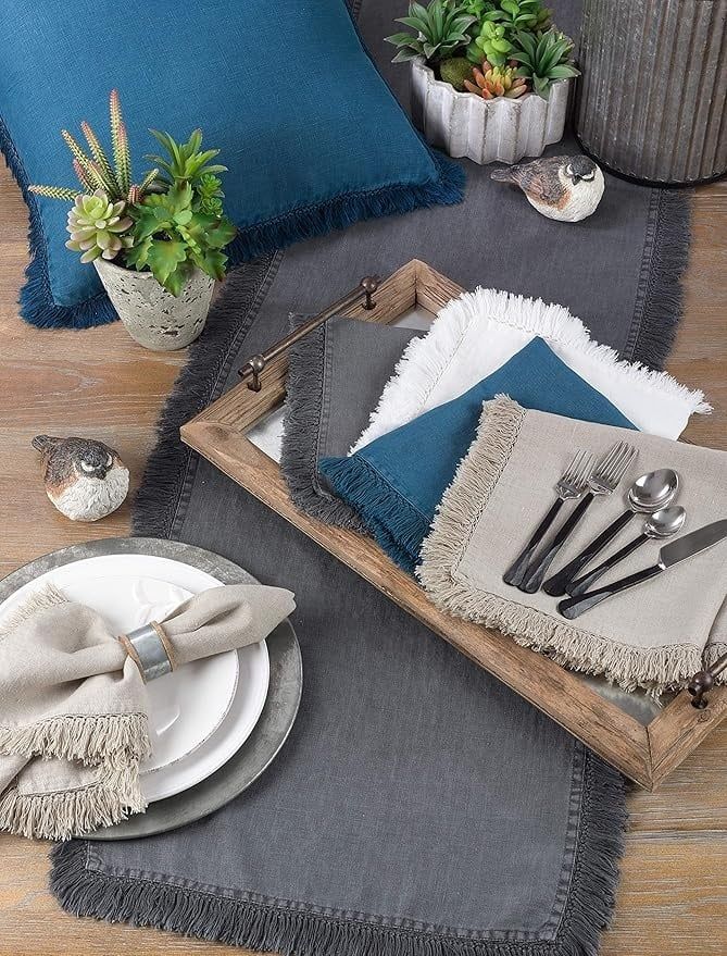 Stonewashed Fringe Runner 100% linen, Slate