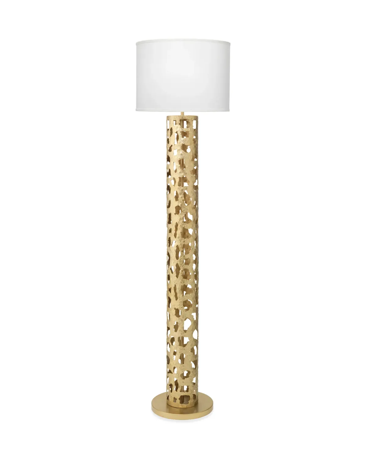 Firenze Floor Lamp in Soft Antique Gold Leaf Metal w/ White Linen  Drum Shade