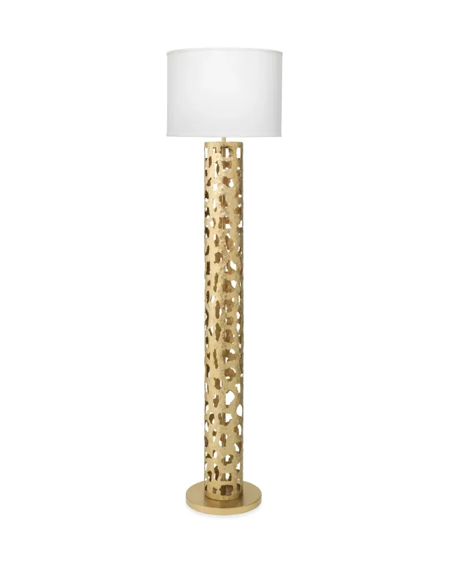 Firenze Floor Lamp in Soft Antique Gold Leaf Metal w/ White Linen  Drum Shade