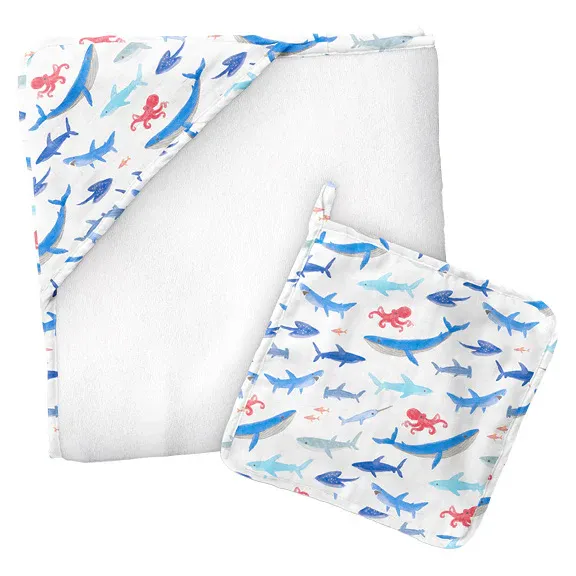 Muslin Hooded Towel w/Washcloth - Shark