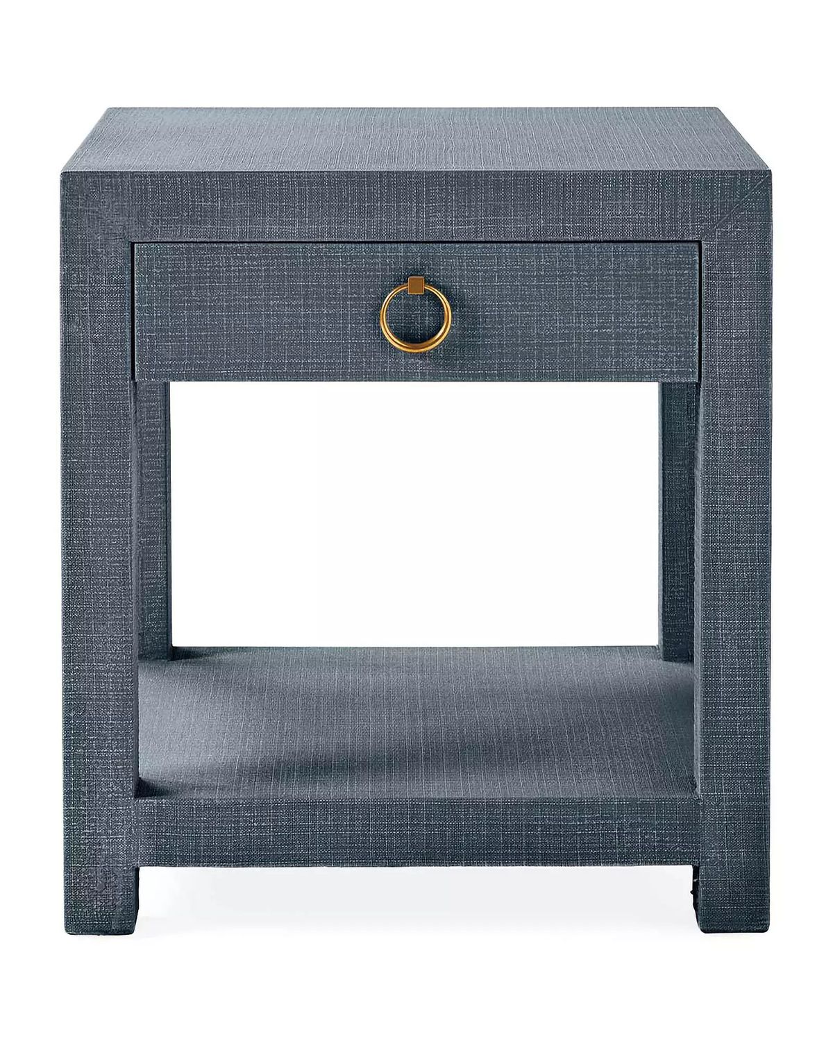 blue grasscloth end table with doors