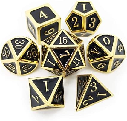 Metal &amp; Enamel Dice Set 7pc - Black &amp; Gold