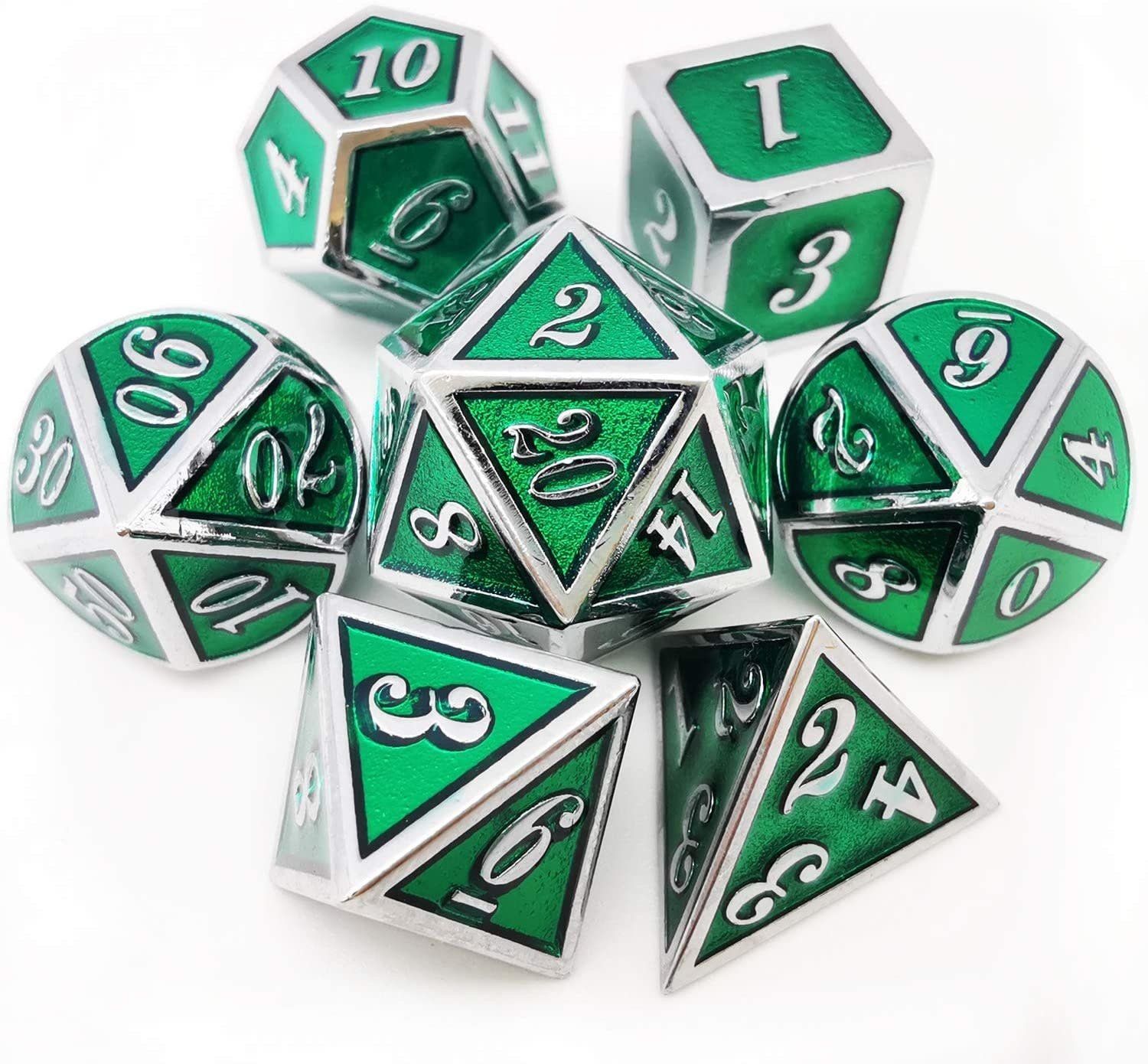 Metal &amp; Enamel Dice Set 7pc - Green &amp; Silver