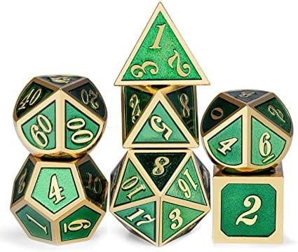 Metal &amp; Enamel Dice Set 7pc - Green &amp; Gold