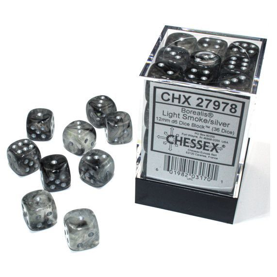 Chessex: 12mm d6 Light Smoke/silver Luminary Dice Block (36 dice)