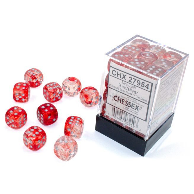 Chessex: 12mm d6  Nebula Red/silver Luminary Dice Block (36 dice)
