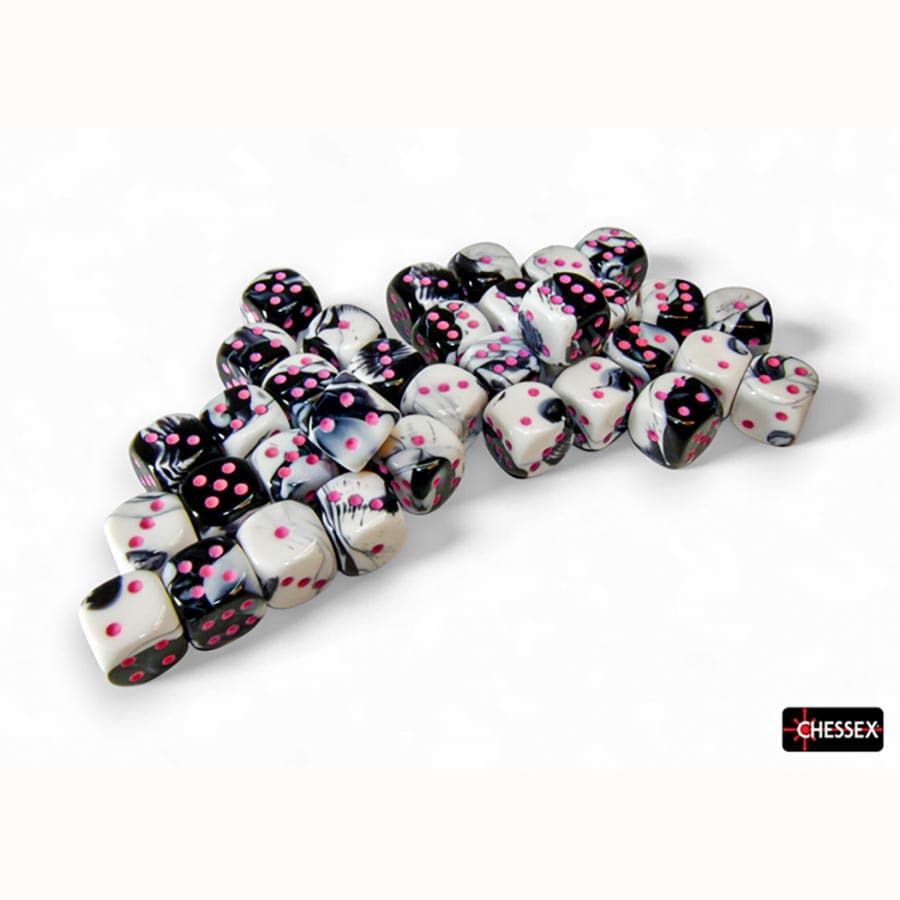 Chessex 36ct D6 Set - BLACK-WHITE WITH PINK