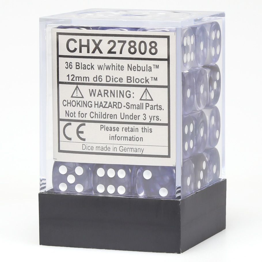 Chessex d6 Cube 12mm Nebula Black with White (36)