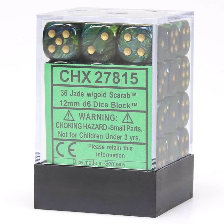 Chessex d6 Cube 12mm Scarab Jade with Gold (36)
