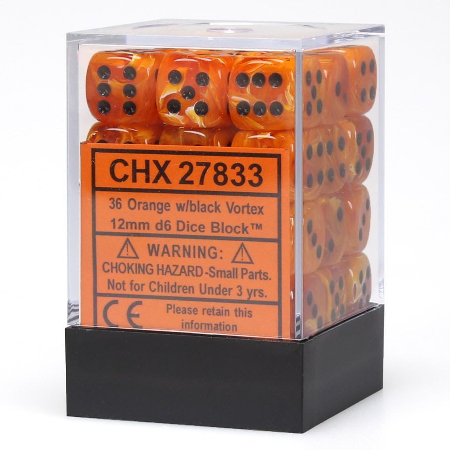 Chessex d6 Cube 12mm Vortex Orange with Black