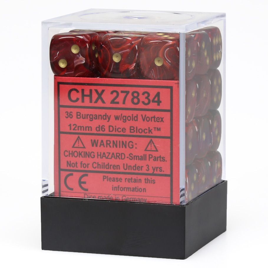 Chessex d6 Cube 12mm Vortex Burgundy with Gold