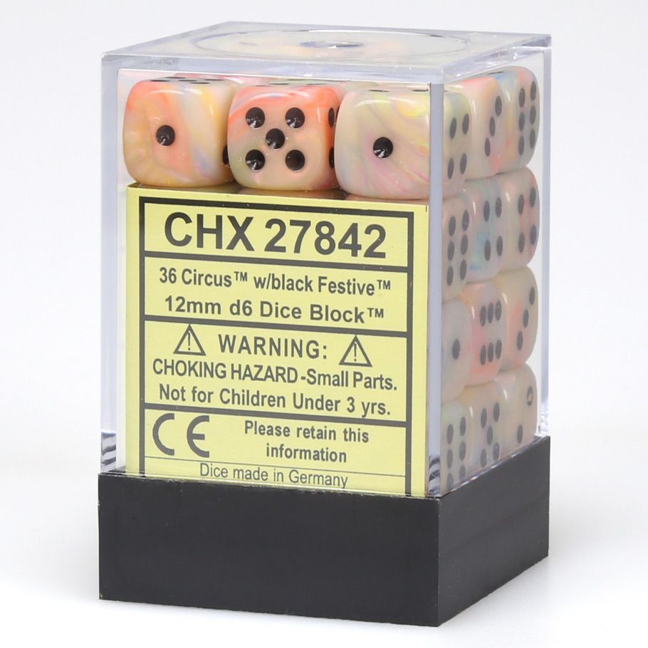 Chessex d6 Cube 12mm Festive Circus with Black