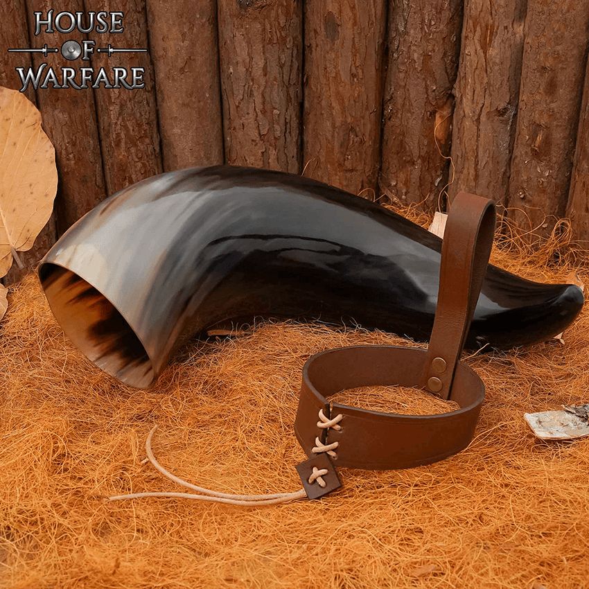 Drinking Horn with Leather Holder 25 cm buf