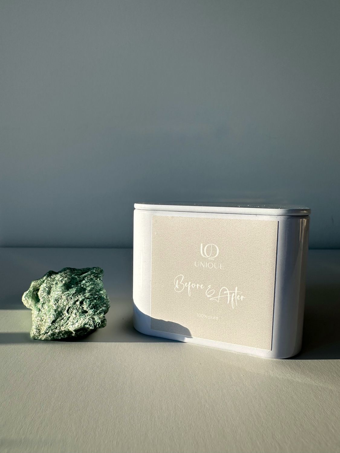 Soy candle in a white metal tin with lid. Fragrance &quot;Before&amp;After&quot;