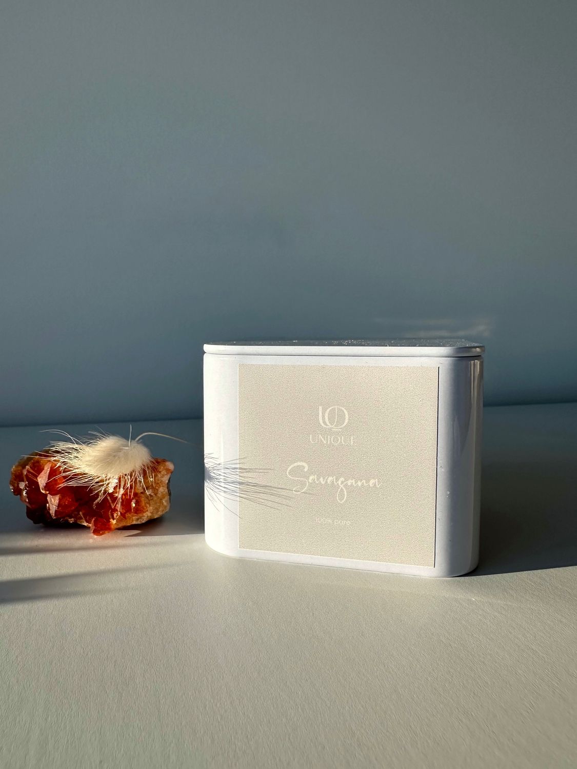 Soy candle in a white metal tin with lid. Fragrance &quot;Savasana&quot;