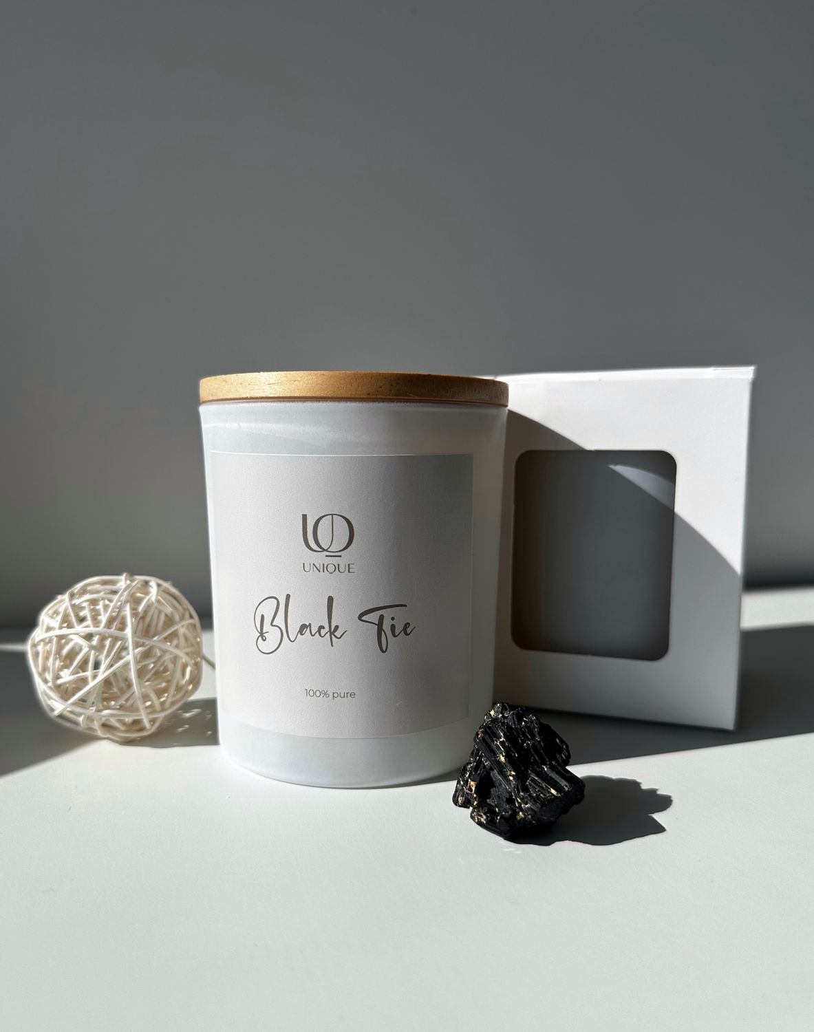 Soy candle in a white frosted glass jar with bamboo lid and gift box. Fragrance &quot;Black tie&quot;