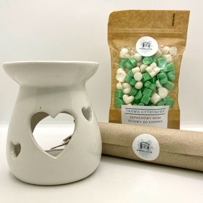 Zestaw prezentowy - kominek, wosk &amp; tealight’y - Trawa Cytrynowa