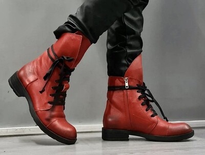 Grunge Leather Bootie Red