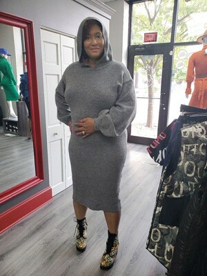 Stretch Knitted Hooded Dress Grey