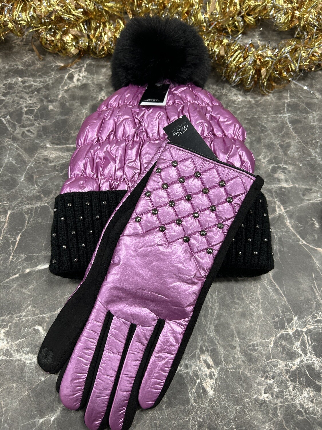 Studded Puffer Hat & Glove Set
