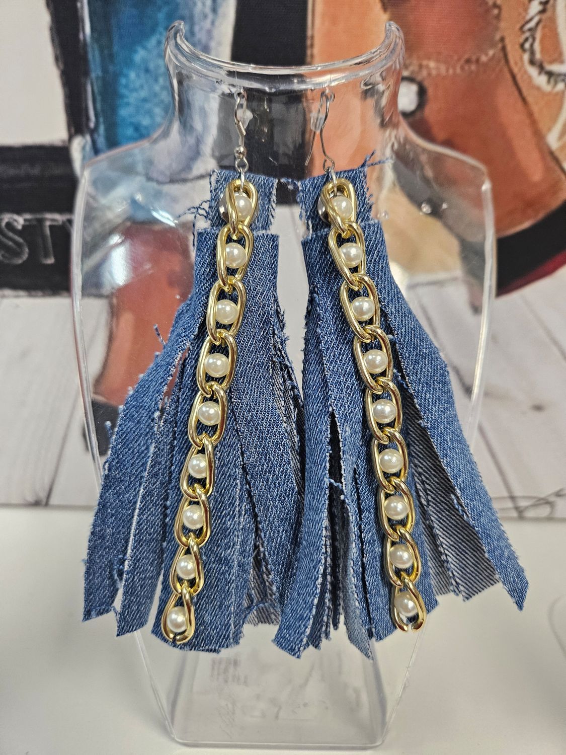 Pearl Denim Fringe Earrings