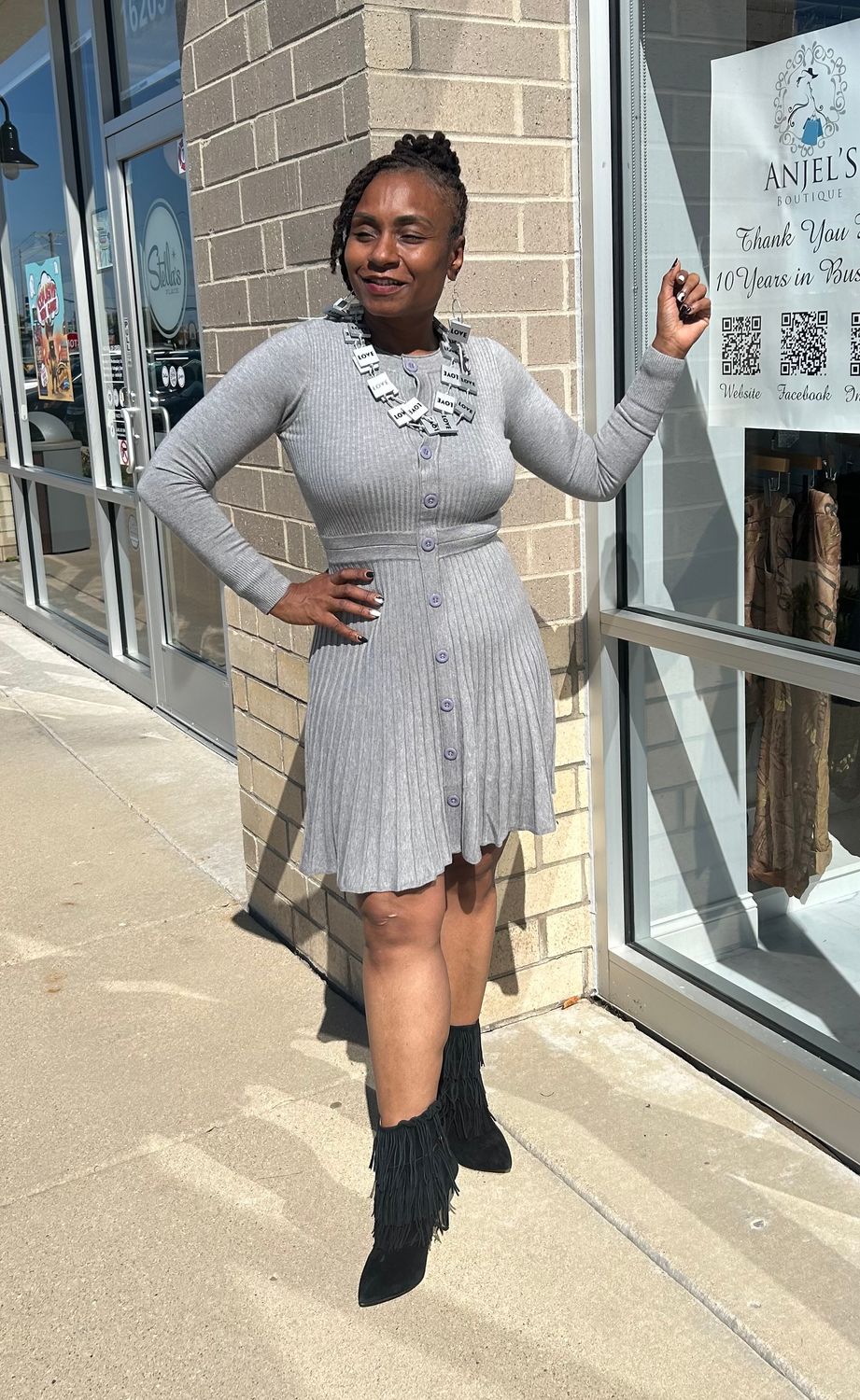 Knit Skater Button Up Dress - Grey