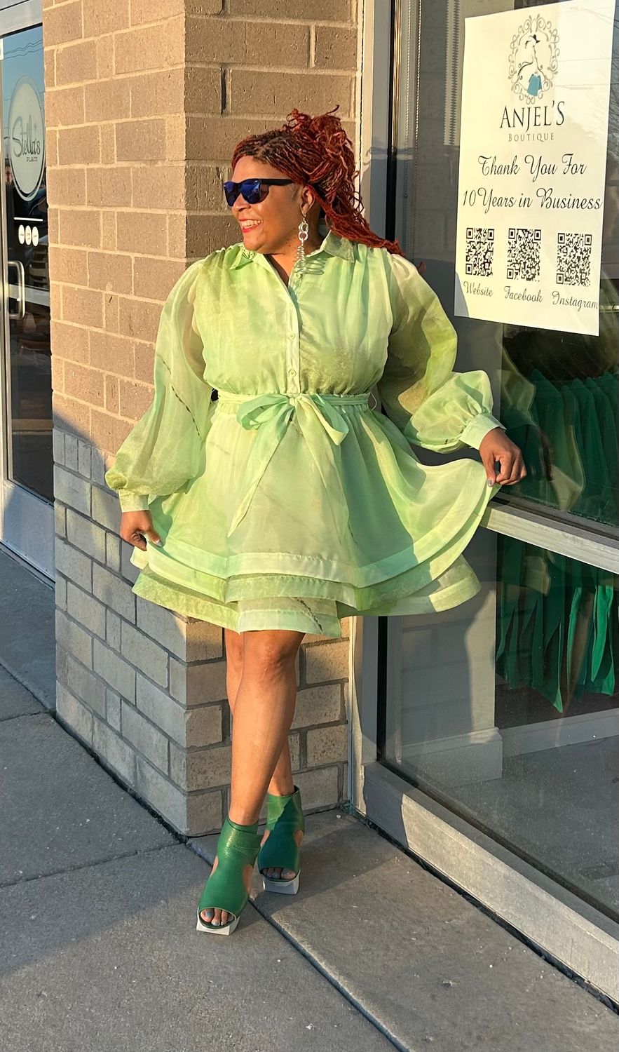 Organza Ruffle Mini Dress - Lime