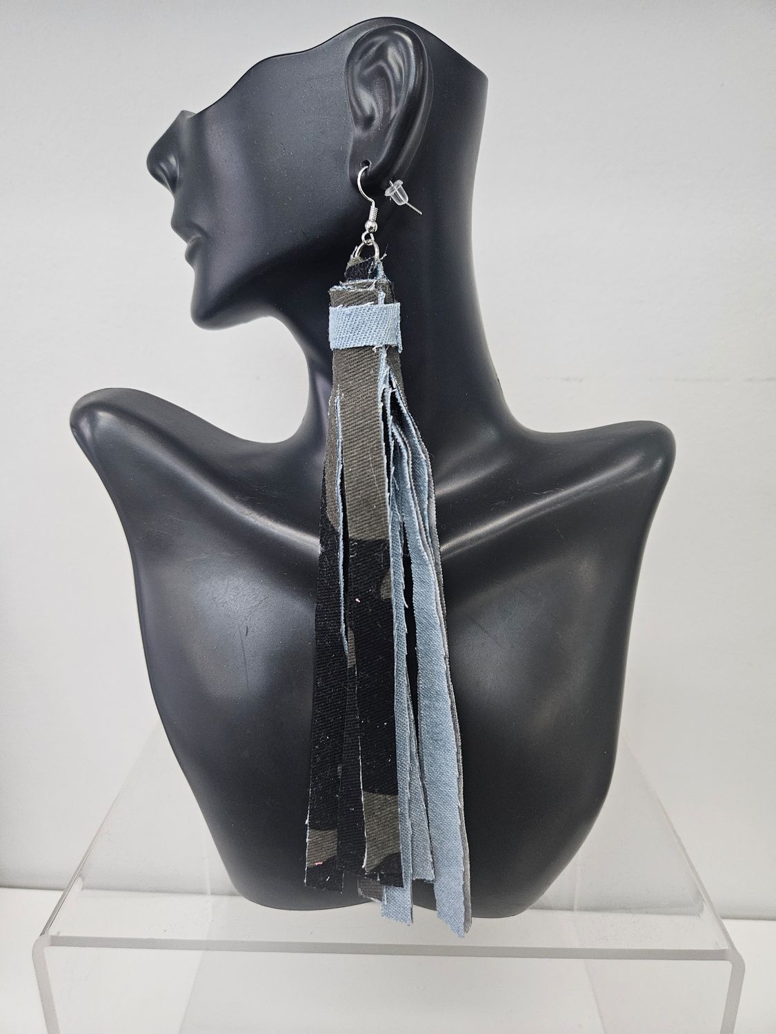 Camo Denim Fringe Earrings