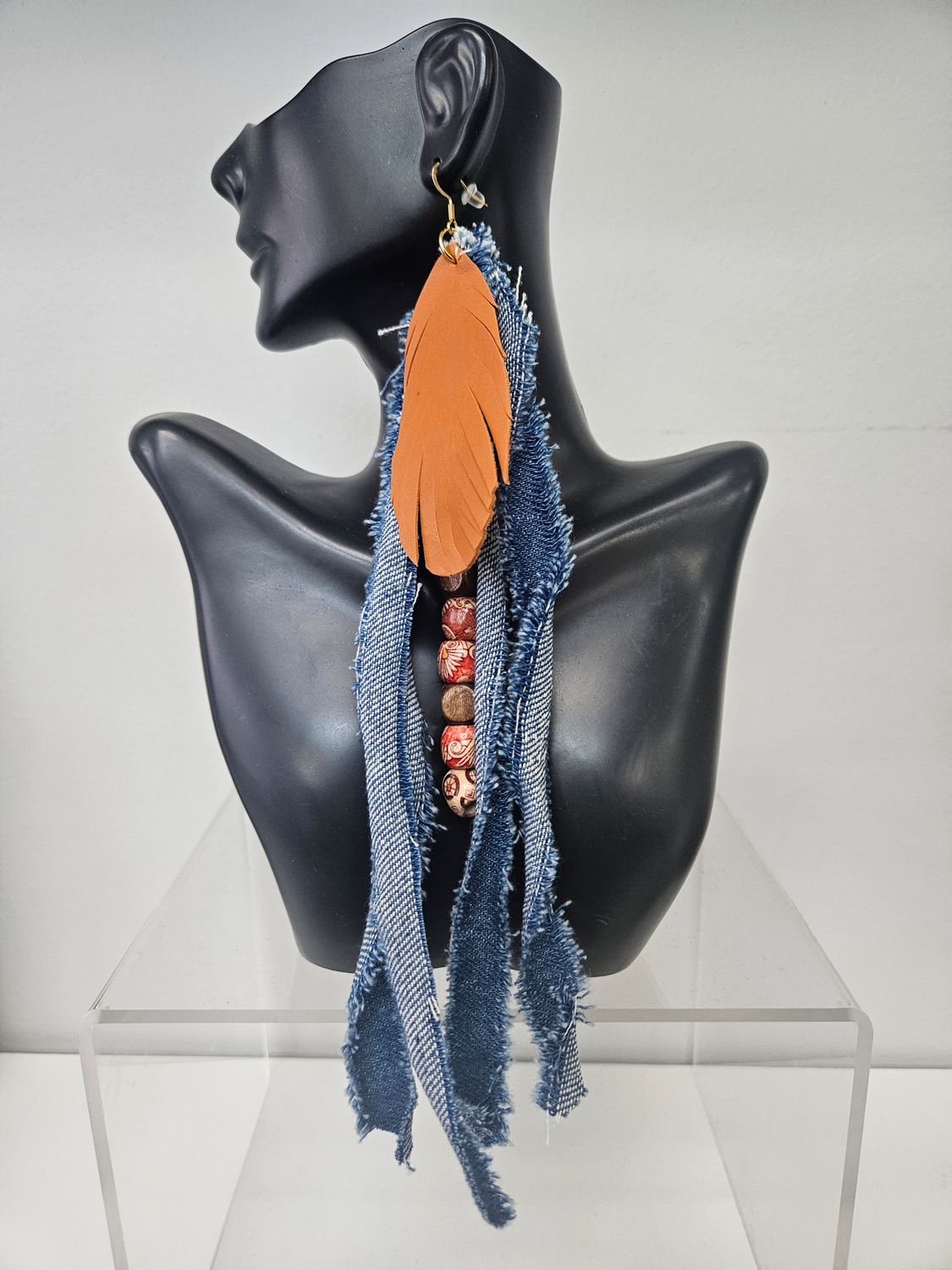 Beaded Denim Fringe Earrings