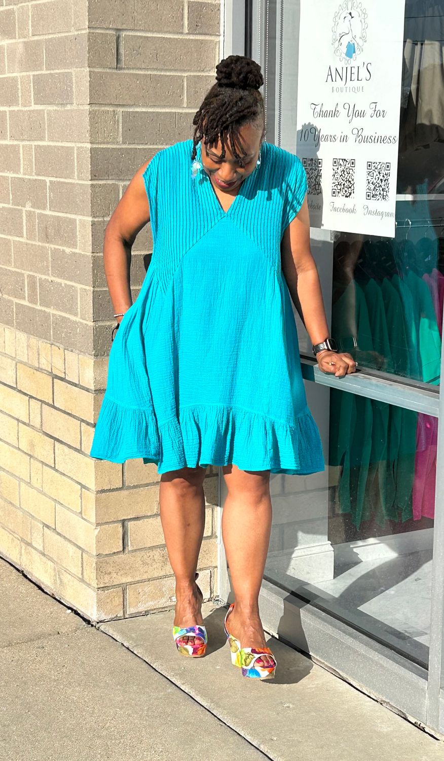 Striped Flare Midi Dress - Teal