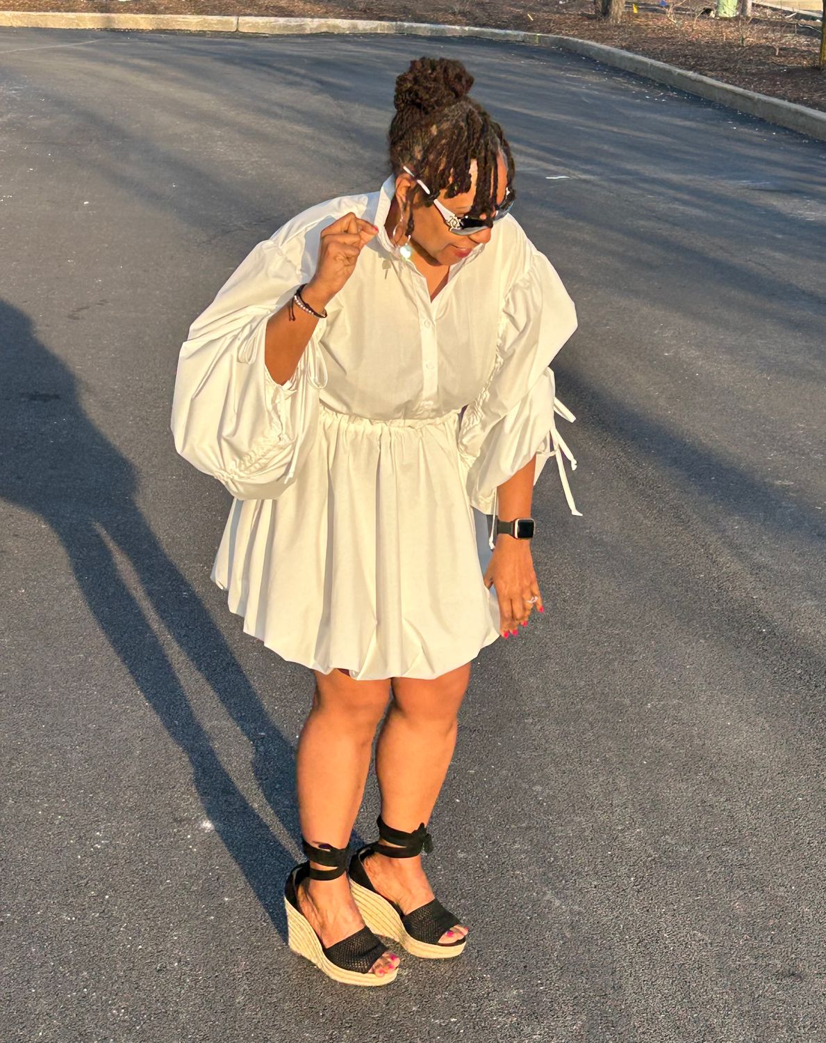 Drawstring Puff Sleeve Dress - White